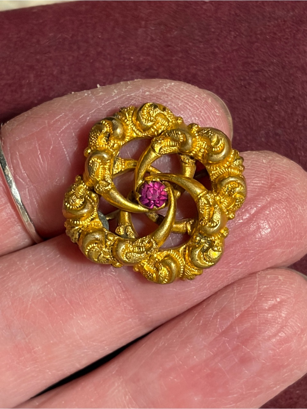 Victorian Love Knot Brass Gilt Brooch With Pink Gem